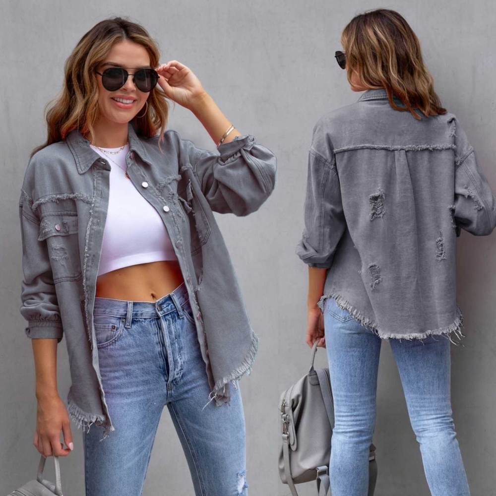 Rugged Vogue Distressed Denim Jacket - Gray